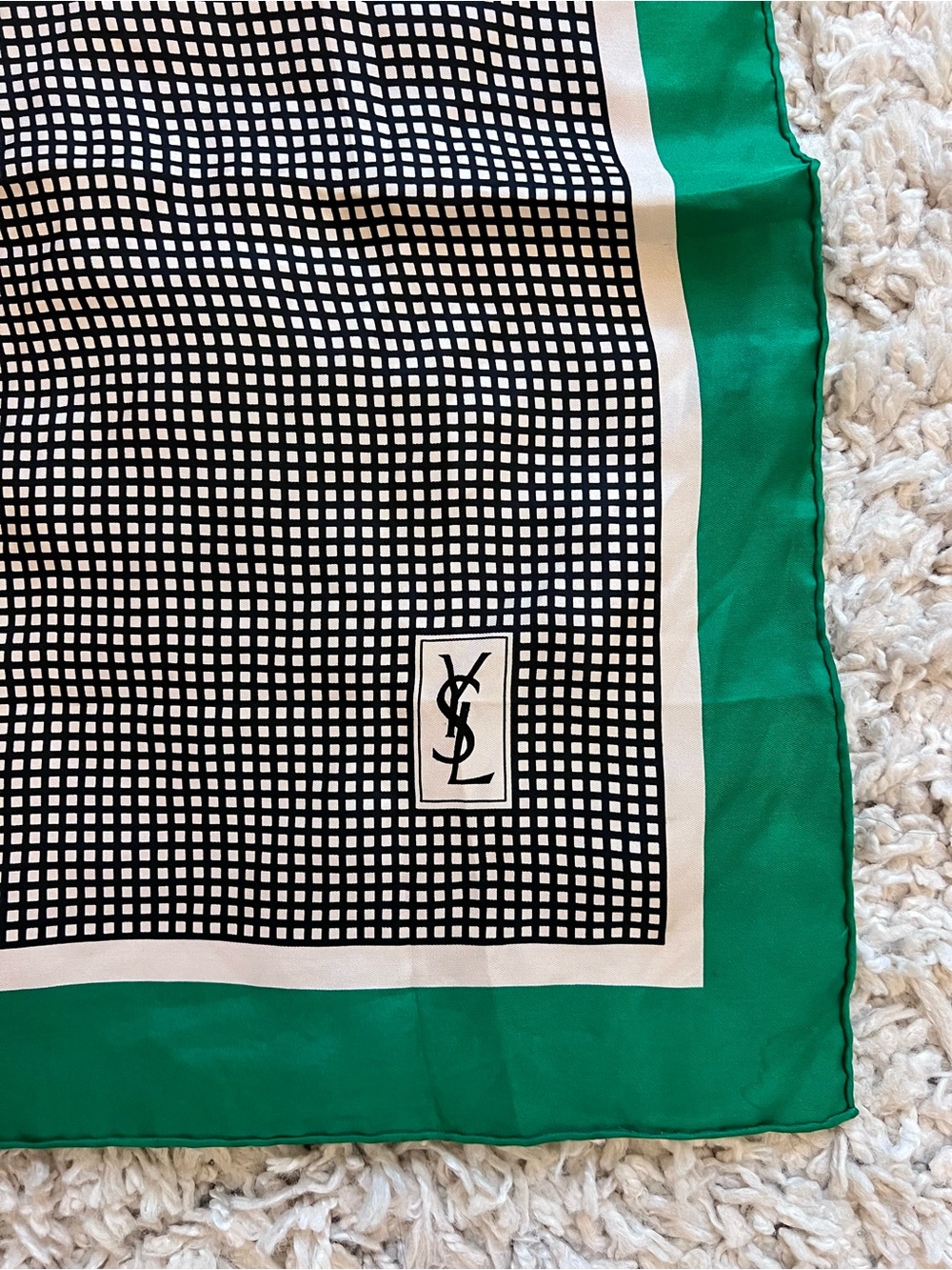 Vintage Yves Saint Laurent Green, Black & White Checkered Silk Scarf - Picture 2 of 2
